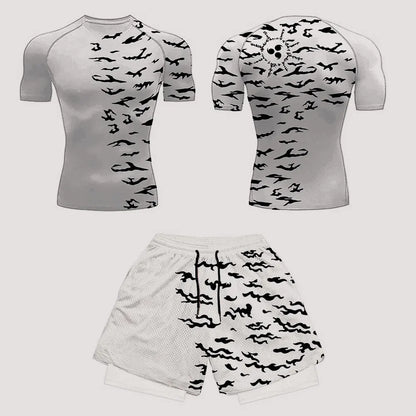 Men’s Anime Print Tracksuit – 2-Piece Breathable Sports Set with T-Shirt, Shorts & Joggers