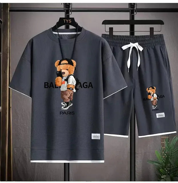 Set The 2025 new summer men's suit jacket short-sleeved oversized T-shirt + outdoor men's jogging casual shorts 2-piece set is sport - Ellianto fashion Men's