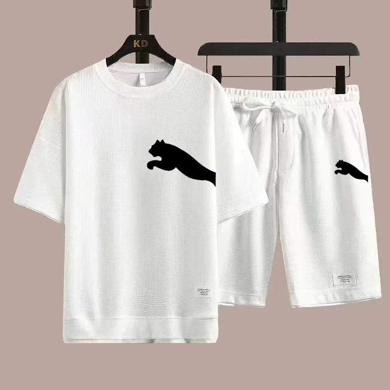 Set 2025 new casual sportswear for men summer two-piece clothing short-sleeved round neck and shorts two fashionable clothes - Ellianto fashion Men's