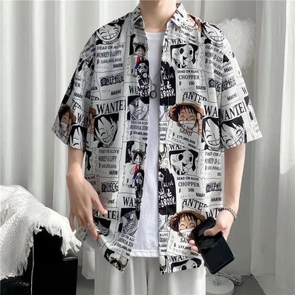 Retro Japanese Cartoon Short-Sleeve Shirt – Lightweight, Cool Comfort with Hong Kong-Inspired Streetwear Style for the Modern Gentleman