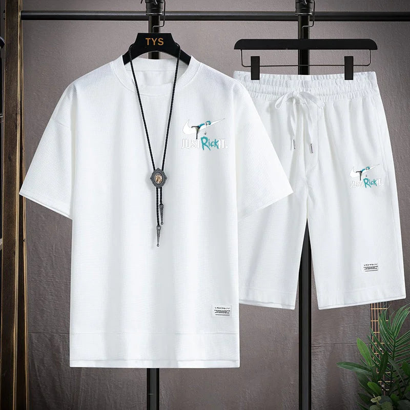 Set 2025 New European and American men's Summer casual cotton and linen short-sleeved shirt + jogging sports shorts 2-piece set - Ellianto fashion Men's