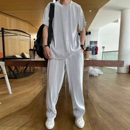 Casualsuit Ice Silk Sports Men's Summer Thin Short Sleeves T-shirt Quick Dry Long Pants Matching Half Sleeve Clothes Set - Ellianto fashion Men's