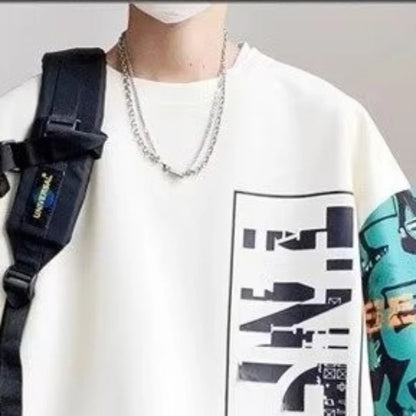 Set Suit High Street Fashion T-shirt Shorts Two-piece Set Men Retro New Neck Top Designer Clothes Men - Ellianto fashion Men's