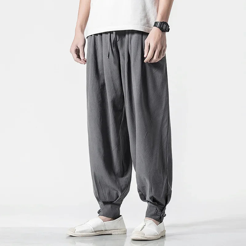 Loose-fit Cotton Linen Men's Women's Monk Pants No Tying Required Casual Spring Summer Long Pants For Zen Meditation - Ellianto fashion Men's