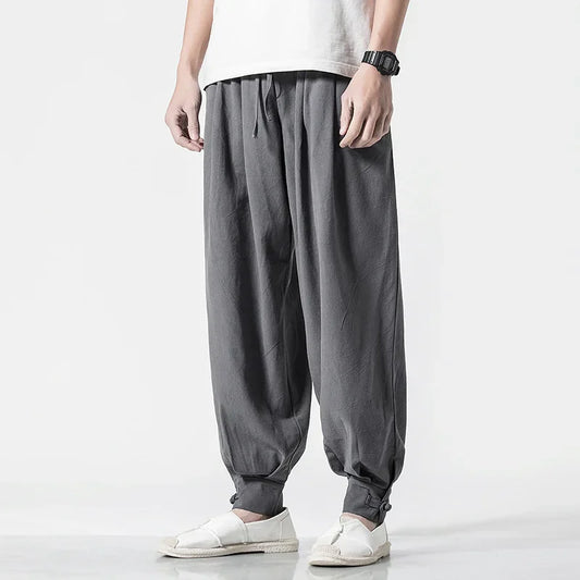 Loose-fit Cotton Linen Men's Women's Monk Pants No Tying Required Casual Spring Summer Long Pants For Zen Meditation - Ellianto fashion Men's