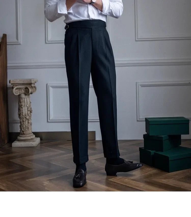 High Waist Straight Leg Casual Men's Trousers Italian Neapolitan Style Versatile Long Pants British Retro Suiting - Ellianto fashion Men's