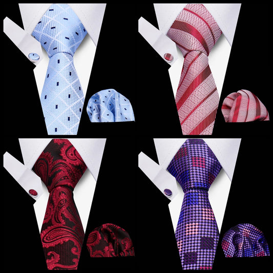 Business Ties For Men Tie Set Dots Necktie Classic Plaid Cufflinks Stripe Handkerchief For Wedding High Quality Formal Gravata - Ellianto fashion Men's