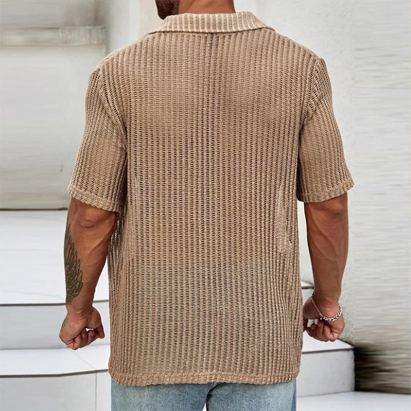 Sexy Hollow Out Breathable Knitted Shirt Men Summer Beach See Through Casual Shirts Mens Short Sleeve Button Solid Color Shirts - Ellianto fashion Men's