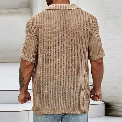 Sexy Hollow Out Breathable Knitted Shirt Men Summer Beach See Through Casual Shirts Mens Short Sleeve Button Solid Color Shirts - Ellianto fashion Men's