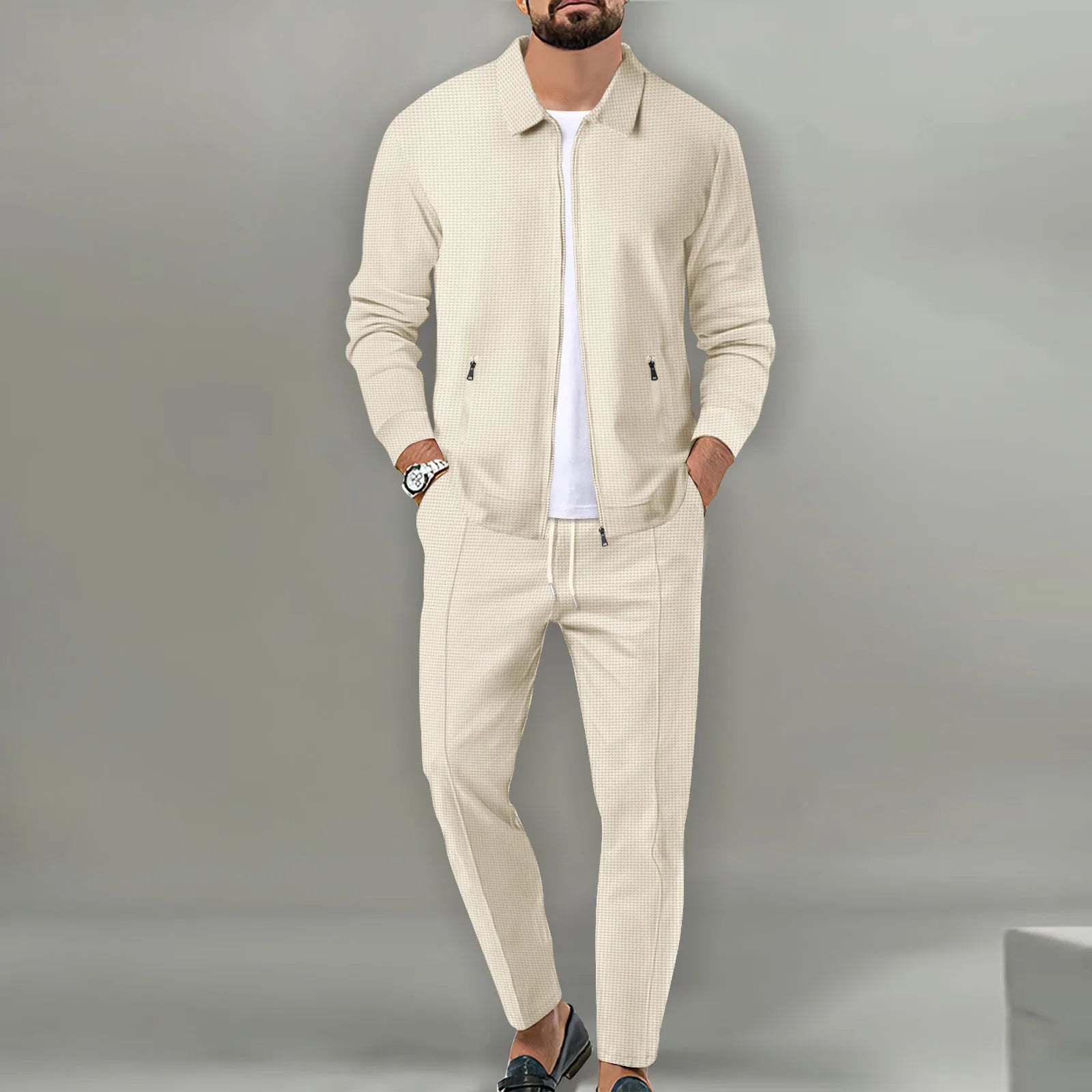 Set Autumnwinter men's casual blazer set new fashion Waffle baseball suit round neck pocket zipper long sleeve trousers two-piece se - Ellianto fashion Men's