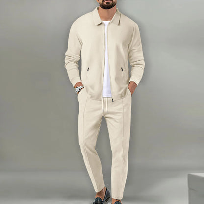 Set Autumnwinter men's casual blazer set new fashion Waffle baseball suit round neck pocket zipper long sleeve trousers two-piece se - Ellianto fashion Men's