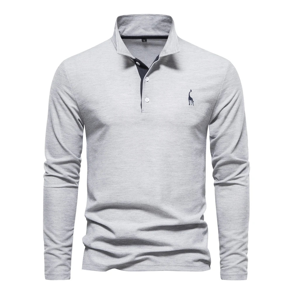 AIOPESON Deer Embroidery Men's Polo Shirts Solid Color Long Sleeve Polo Shirts for Men New Spring Social Business Polos Male - Ellianto fashion Men's