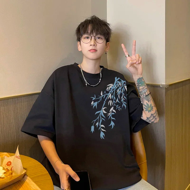 Men's Oversized T-shirts Mens Cotton T Shirt White 5XL Casual Summer Wear Fashion Bamboo Print Tee Shirts for Men Clothing - Ellianto fashion Men's