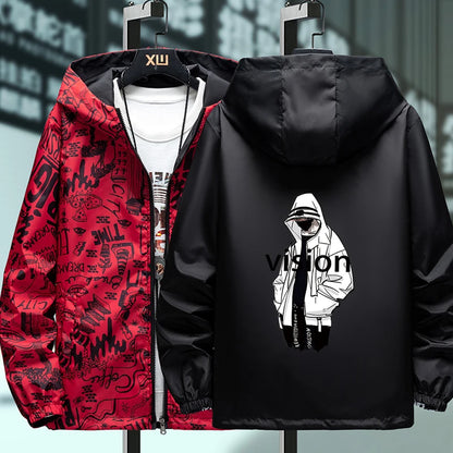 NEW Strewear Graffiti Printed Fashion Reversible Male god Jacket Men Thin Hooded Jackets Windbreakers Clothing Plus Size