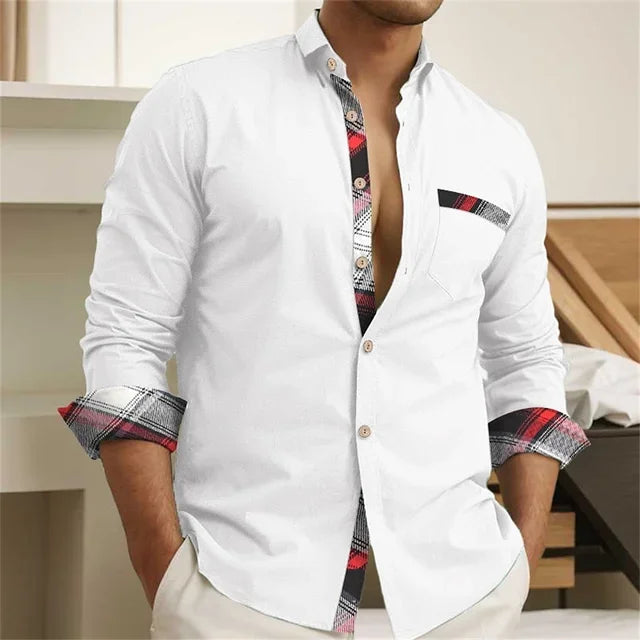 Men's Button Up Shirt, Black and White Solid Color, Long Sleeved Striped Cuffs, Lapel Collar, Daily Vacation Pocket, Fashionable - Ellianto fashion Men's