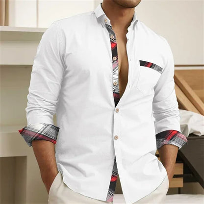 Men's Button Up Shirt, Black and White Solid Color, Long Sleeved Striped Cuffs, Lapel Collar, Daily Vacation Pocket, Fashionable - Ellianto fashion Men's