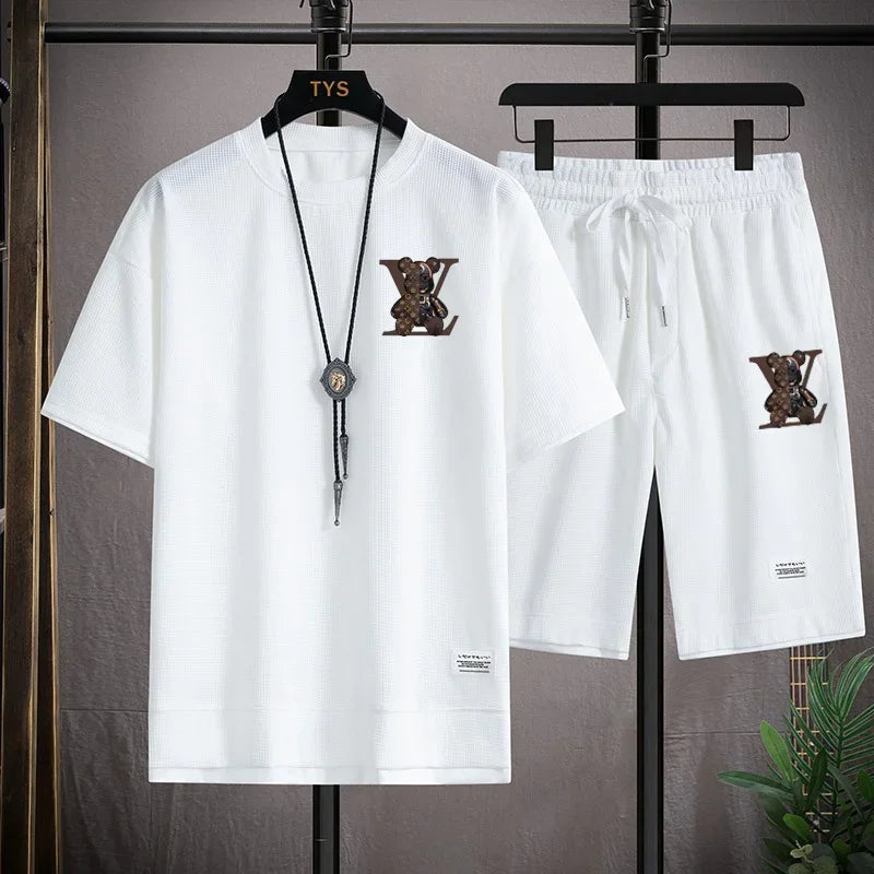 Set 2025 Summer Trend European and American men's sportswear Set: A brand-new outdoor jogging casual breathable short-sleeved T-shir - Ellianto fashion Men's