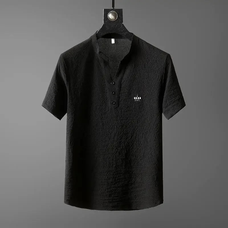 New 2025 Men's Slim Fit Short Sleeve Sportswear Set Casual Embroidered V-Neck Chinese Style Lightweight Two-Piece Suit - Ellianto fashion Men's