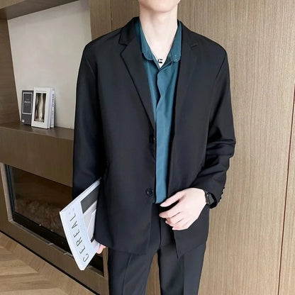 Casual Black Single-Breasted Men's Suit Jacket Korean Trendy Brand Business Spring Autumn Fashionable Small-Sized Menswear - Ellianto fashion Men's