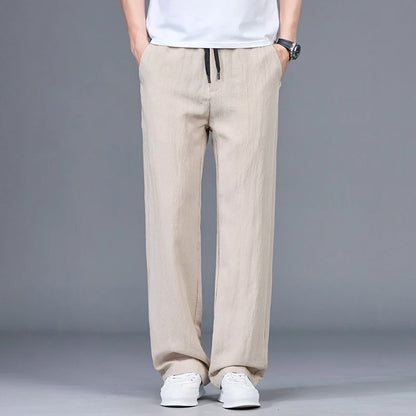 Men’s Summer Ice Silk Linen Casual Pants – Lightweight, Breathable Straight-Leg Trousers with Wide-Leg, Drawstring, Baggy Fit, and Elastic Waist for Effortless Comfort