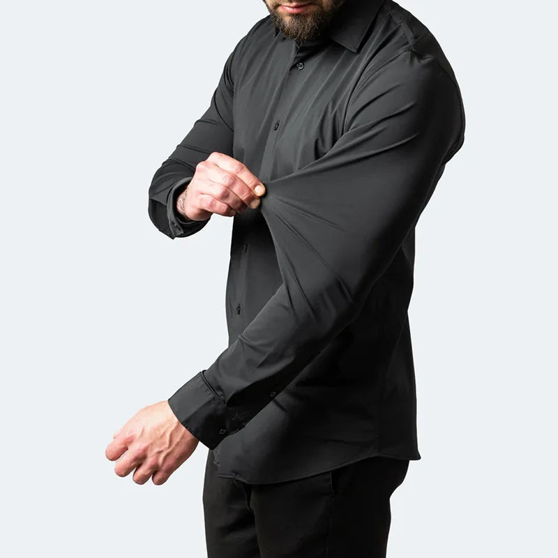 High Elasticity Seamless Spandex Shirt Men Long Sleeve Slim Fit Casual Solid Color Social Formal Dress Shirts 2025 - Ellianto fashion Men's