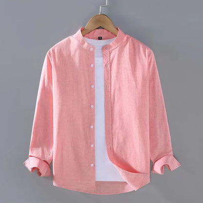 2023 Spring Summer Men's Linen Shirt Pure White Stand Collar Long Sleeve Henley Soft Comfortable Simple Slim Fashion - Ellianto fashion Men's
