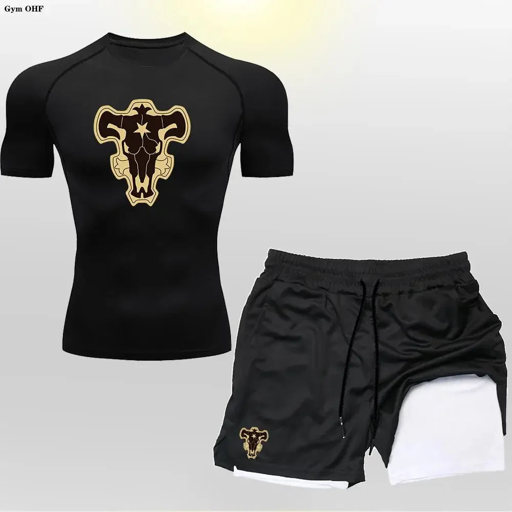 New Gym Shorts Men Double-Deck Workout 2 In 1 Quick Dry Compression T Shirt Suit Outdoors Running Tracksuit Jogging
