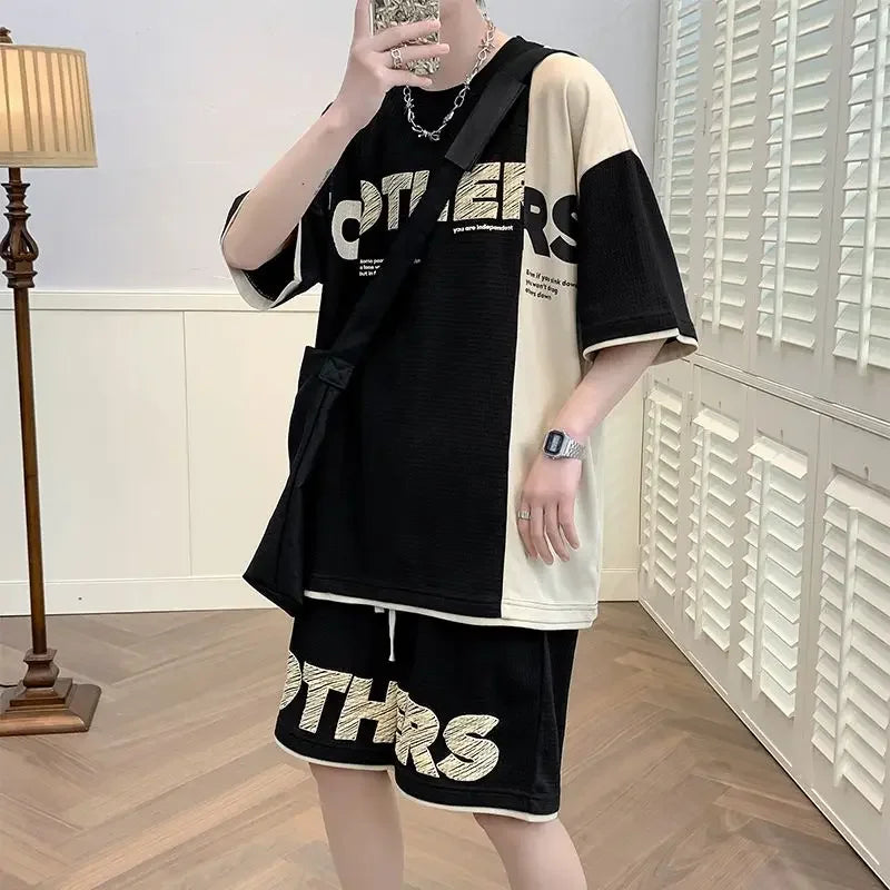 Clothes for Men Alphabet Top Jogging Sports Suits Brown Male T Shirt Sweatpants Shorts Sets Sweatshirt Tracksuit Stylish Loose S - Ellianto fashion Men's