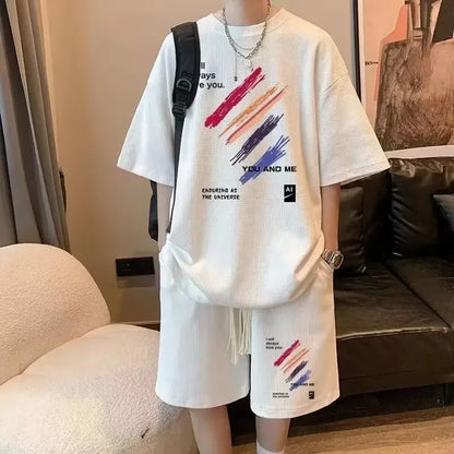 Trendy Casual Short Sleeve Men's T-Shirt Set Plus Sizes Checked Design Youth Trunks 2-Piece Set For Summer - Ellianto fashion Men's