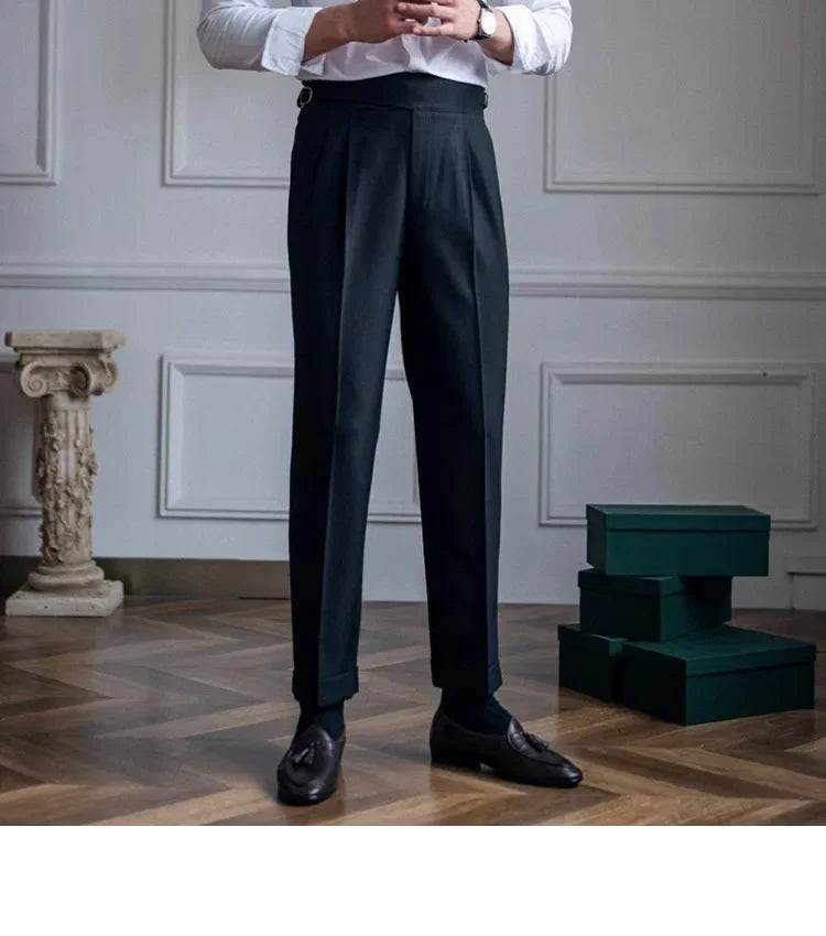 High Waist Straight Leg Casual Men's Trousers Italian Neapolitan Style Versatile Long Pants British Retro Suiting - Ellianto fashion Men's