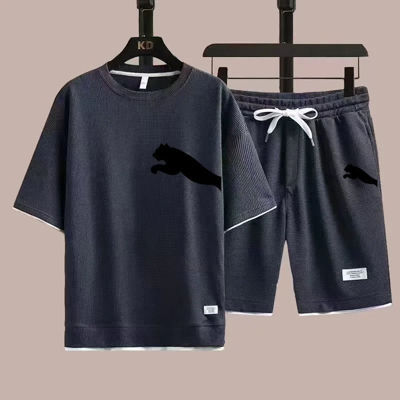 Set 2025 new casual sportswear for men summer two-piece clothing short-sleeved round neck and shorts two fashionable clothes - Ellianto fashion Men's