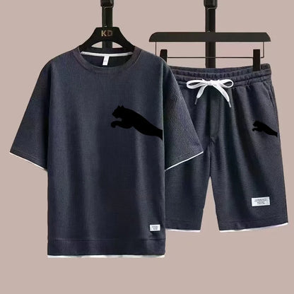 Set 2025 new casual sportswear for men summer two-piece clothing short-sleeved round neck and shorts two fashionable clothes - Ellianto fashion Men's