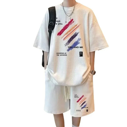 Trendy Casual Short Sleeve Men's T-Shirt Set Plus Sizes Checked Design Youth Trunks 2-Piece Set For Summer - Ellianto fashion Men's