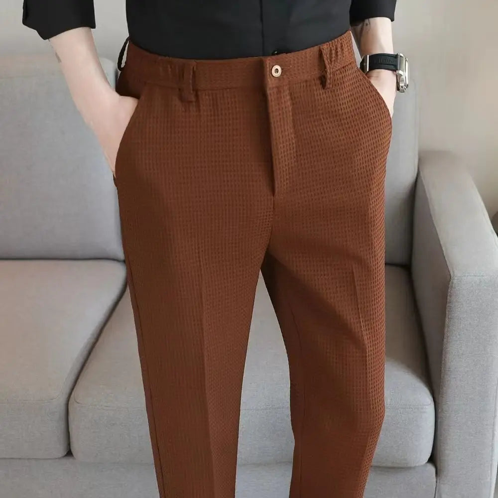 Trousers For Men Social Tailoring Slim Fit Khaki Business Waffle Tressed Work Wear Man Suits Pants Luxury Luxury Spring Clothes - Ellianto fashion Men's