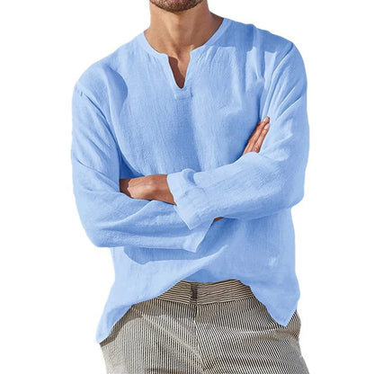Men's Cotton Linen Shirt Cozy Solid Color Long Sleeve Breathable Tops V Neck Casual Blouse Hawaiian Shirt Lightweight Shirts - Ellianto fashion Men's