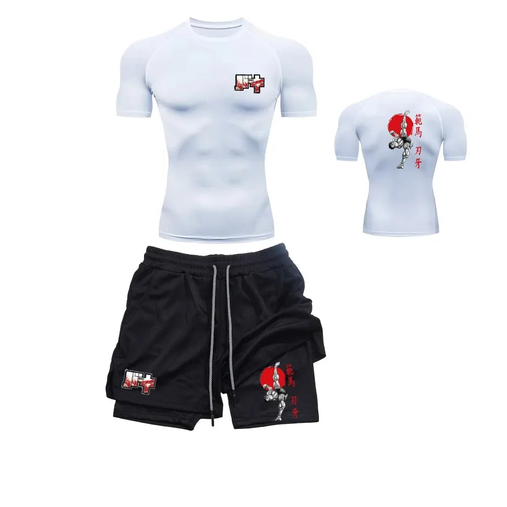Men’s & Women’s Stylish Sports Set – Quick-Dry Fitness Wear with Baki Hanma Print & 2-in-1 Shorts
