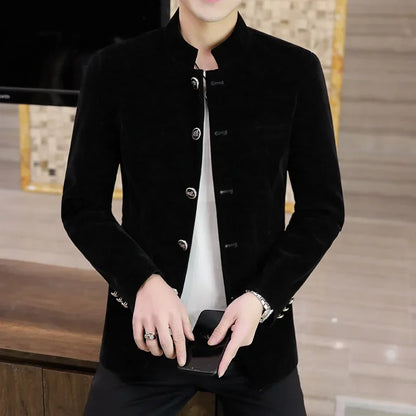 HOO 2025 New Men's Autumn Stand Collar blazer Youth Velveteen Multi-Button blazers - Ellianto fashion Men's