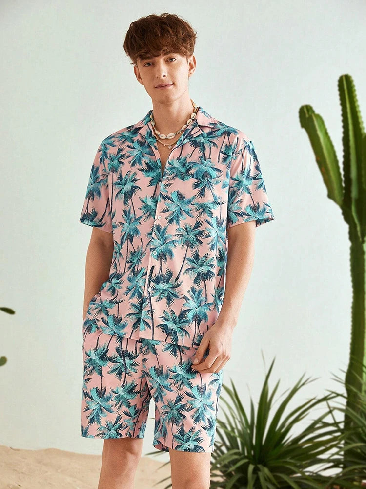 Hawaii Shirt Set Mens Yellow Duck Print Fashion Pattern Summer Fashion Casual Daily Large Button Down Shirt Shorts Two Piece Set - Ellianto fashion Men's