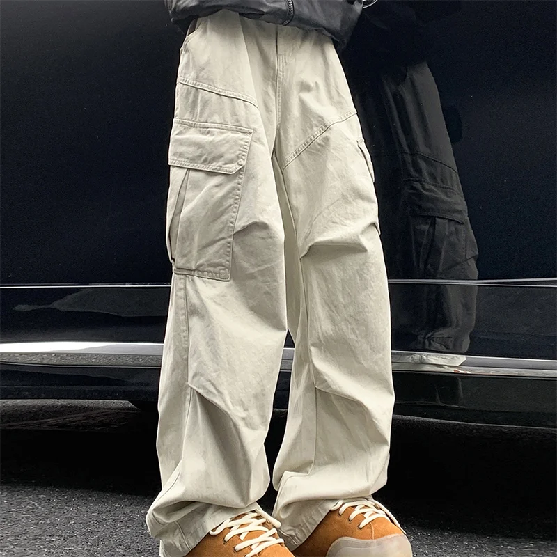 Men’s Spring Cargo Pants – Loose Straight Wide-Leg Trousers with Big Pockets for Japanese Y2K, Harajuku, and Hip-Hop Streetwear Style