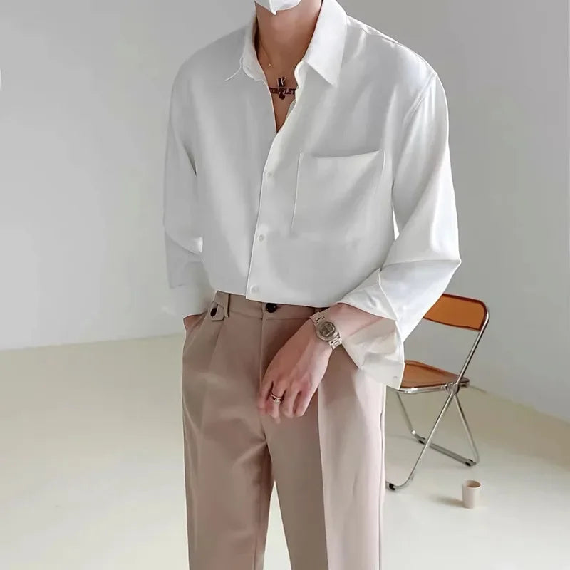 2025 Spring Autumn Korean Style Loose Fit Long Sleeve Shirt Men's Trendy Draped No Ironing Solid Color Shirt One Piece Exchange