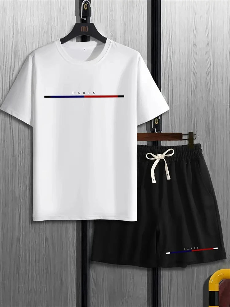 set / 2025 New Fashion Design Men's T-Shirt Men's Sports Drawstring Shorts Simple Printed Men's 2-Piece Summer Gym Breathable Suit - Ellianto fashion Men's