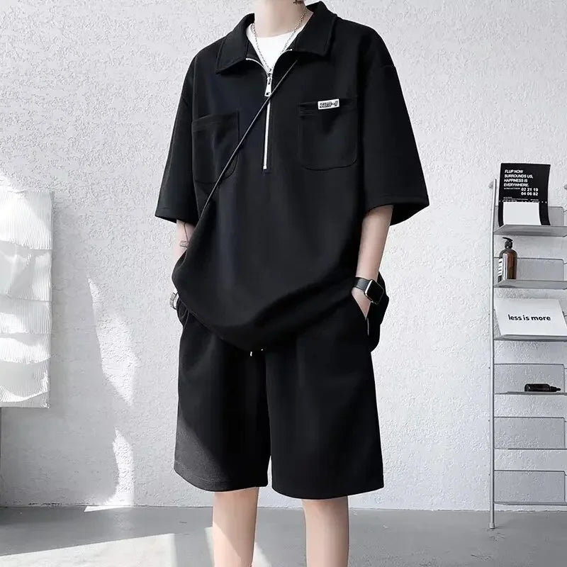 Ice Silk Short Sleeve Polo Shirt Men Summer Trendy Shorts Casual Sports Set Seven Half Zipper Comfortable Thin Male Clothing - Ellianto fashion Men's