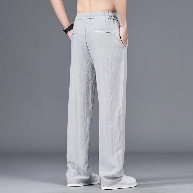 Men’s Summer Ice Silk Linen Casual Pants – Lightweight, Breathable Straight-Leg Trousers with Wide-Leg, Drawstring, Baggy Fit, and Elastic Waist for Effortless Comfort