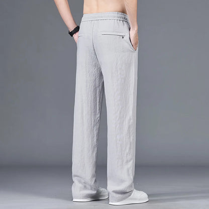 Men’s Summer Ice Silk Linen Casual Pants – Lightweight, Breathable Straight-Leg Trousers with Wide-Leg, Drawstring, Baggy Fit, and Elastic Waist for Effortless Comfort