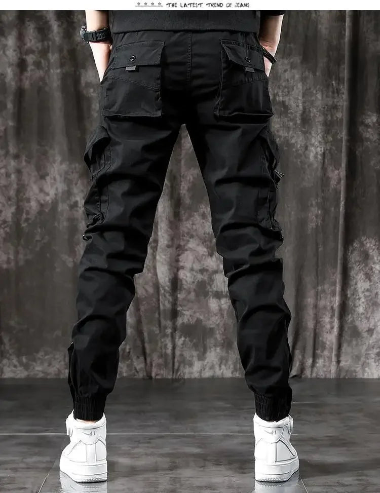 Trendy Men's Spring Autumn Cargo Pants Slim Fit Casual Style Loose Fit American Style Multiple Pocket Small Foot Pants Black - Ellianto fashion Men's
