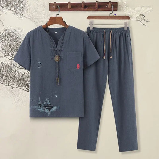 Summer Men Short-sleeved T-shirt Casual Cotton and Linen Solid Color Versatile Loose Trousers - Ellianto fashion Men's