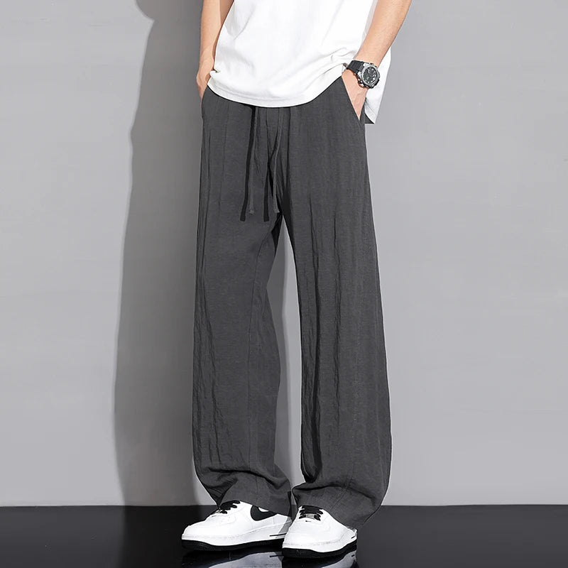 Men’s Thin Ice Silk Linen Casual Pants – Lightweight Wide-Leg Trousers with Drawstring, Straight Baggy Fit, and Elastic Waist for Effortless Comfort