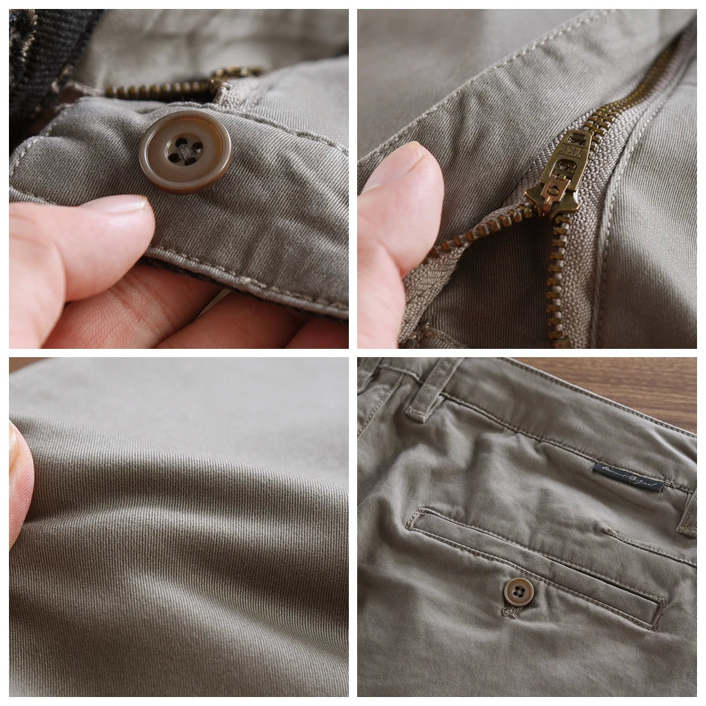 2025 Autumn New American Retro Woven Twill Cargo Pants Men's Simple 97.4% Cotton Washed Micro Elastic Straight Casual Trousers - Ellianto fashion Men's