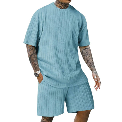 New men's sporty solid-color round-neck pullover vertical striped T-shirt, shorts and short sleeves two-piece casual set 2025 - Ellianto fashion Men's