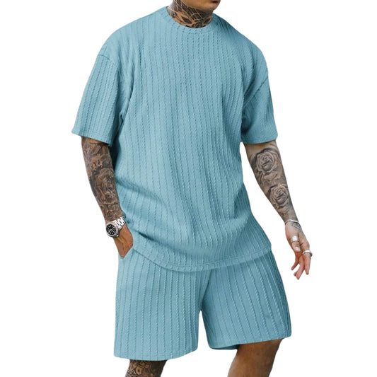 New men's sporty solid-color round-neck pullover vertical striped T-shirt, shorts and short sleeves two-piece casual set 2025 - Ellianto fashion Men's